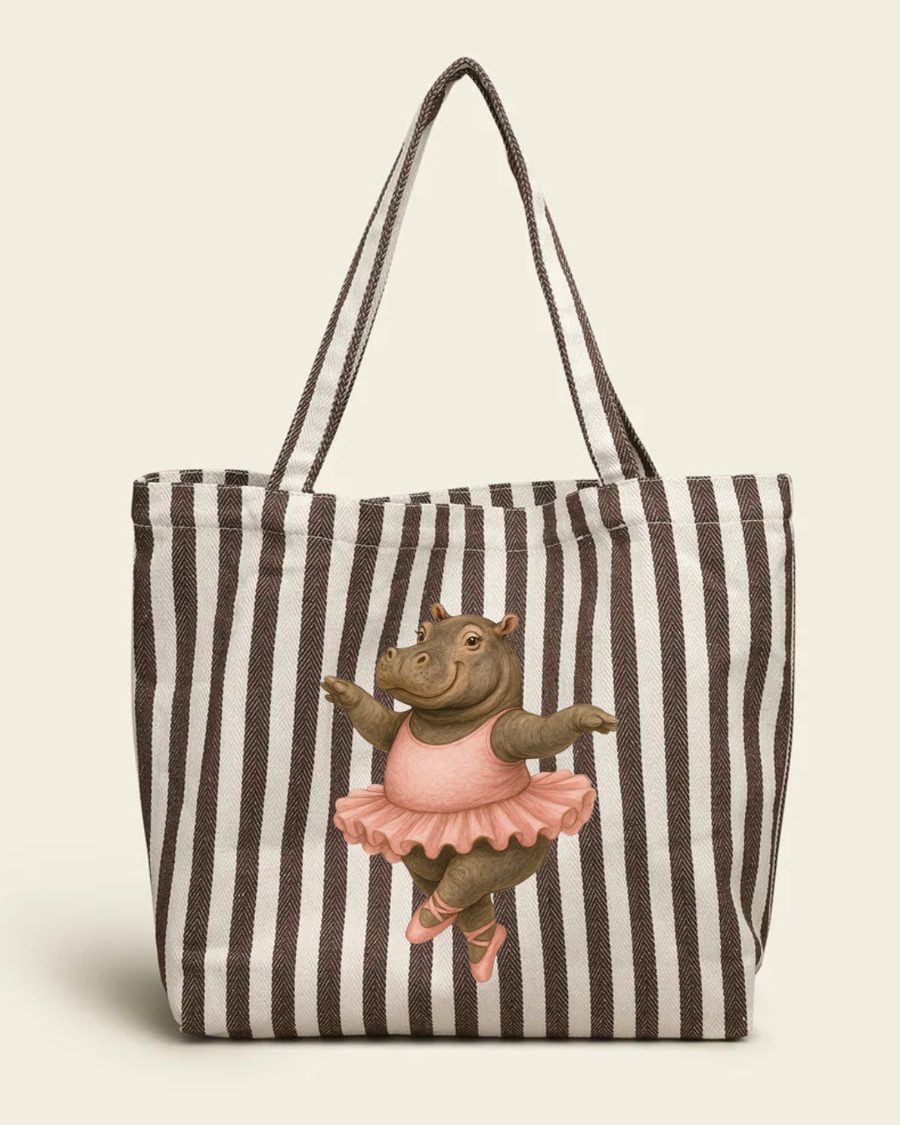 Tote de raya marrón con hipopótama bailarina